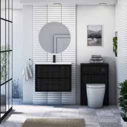 Royal Bathrooms Livora 700mm Black Woodgrain Wall Hung Bathroom Vanity Unit 2 Drawer With Ceramic Basin & Matt Black Handle - thumbnail 3
