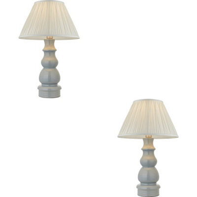 Loops 2 Pack Blue Grey Glaze & Satin Nickel Plate Table Lamp - Ivory Silk Fabric - 660mm Tall Light - image 1