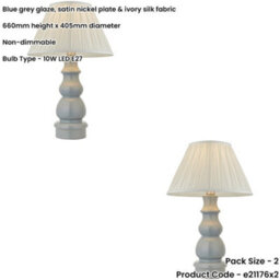 Loops 2 Pack Blue Grey Glaze & Satin Nickel Plate Table Lamp - Ivory Silk Fabric - 660mm Tall Light - thumbnail 2