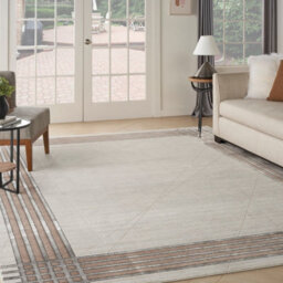Ivory Silver Bordered,chequered Modern Easy To Clean Rug For Bedroom & Living Room-160Cm X 221Cm - thumbnail 2
