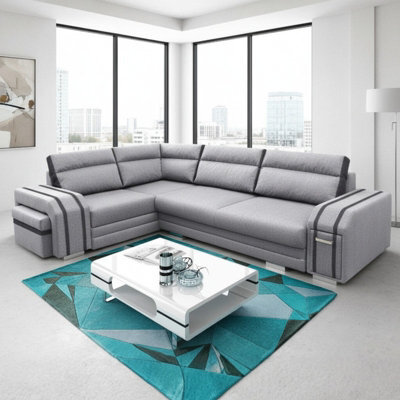 Avatar Corner Sofa Bed With Ottoman And Side Bar Upholstered Back Loose Cushions 300X200X90Cm 145X220Cm Light Grey And Grey Left - image 1