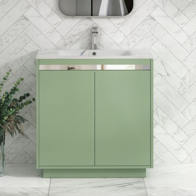 Royal Bathrooms Orion 800mm Mint Sage 2 Door Floor Standing Bathroom Vanity Unit With Carrara White Basin & Chrome Accent Trim - image 1
