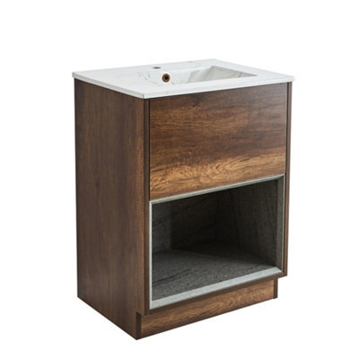 Homestylestore 612mm Dark Oak Bathroom Vanity Unit Open Shelf Marble Effect Basin - image 1