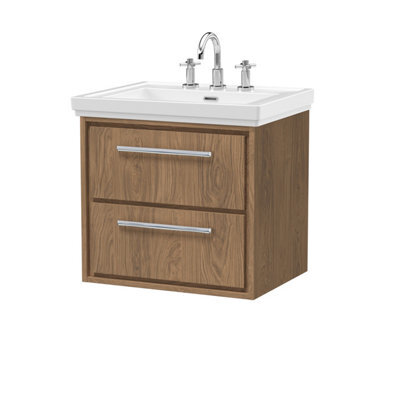 Hudson Reed Lille Wall Hung Two Drawer Contemporary Vanity Unit With 3 Tap Hole Basin In Antique Oak, 630 X 471mm - image 1