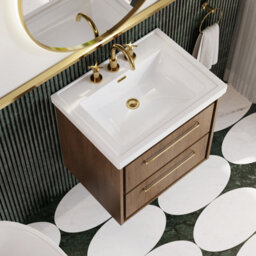 Hudson Reed Lille Wall Hung Two Drawer Contemporary Vanity Unit With 3 Tap Hole Basin In Antique Oak, 630 X 471mm - thumbnail 3
