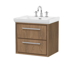 Hudson Reed Lille Wall Hung Two Drawer Contemporary Vanity Unit With 3 Tap Hole Basin In Antique Oak, 630 X 471mm - thumbnail 1
