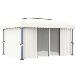 Berkfield Gazebo With Curtain&led String Lights 4X3 M Cream White - thumbnail 4