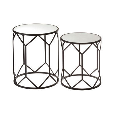 Orsina Set Of 2 Black Polygonal Side Tables,geometric Small Tables With Mirrored Glass Tops,luxe Black Round Table - image 1