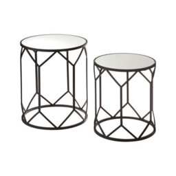 Orsina Set Of 2 Black Polygonal Side Tables,geometric Small Tables With Mirrored Glass Tops,luxe Black Round Table - thumbnail 2