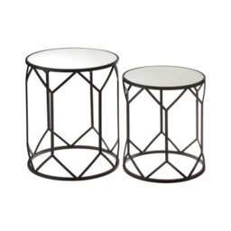 Orsina Set Of 2 Black Polygonal Side Tables,geometric Small Tables With Mirrored Glass Tops,luxe Black Round Table