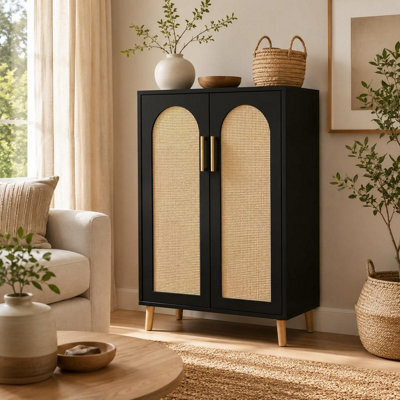 London Boutique Tall Rattan Storage Cabinet, Freestanding Sideboard With Curved Double Doors, Adjustable Shelves, Natural - image 1
