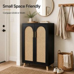 London Boutique Tall Rattan Storage Cabinet, Freestanding Sideboard With Curved Double Doors, Adjustable Shelves, Natural - thumbnail 4