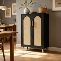 London Boutique Tall Rattan Storage Cabinet, Freestanding Sideboard With Curved Double Doors, Adjustable Shelves, Natural - thumbnail 2