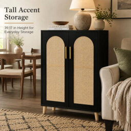 London Boutique Tall Rattan Storage Cabinet, Freestanding Sideboard With Curved Double Doors, Adjustable Shelves, Natural - thumbnail 3
