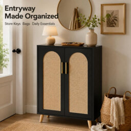 London Boutique Tall Rattan Storage Cabinet, Freestanding Sideboard With Curved Double Doors, Adjustable Shelves, Natural - thumbnail 6