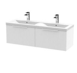 Hudson Reed Fluted Wall Hung 2-Drawer Vanity And Double Ceramic Basin, Modern Sink Vanity Unit, Satin White, 1200mm - thumbnail 1