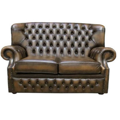 Chesterfield Handmade 2 Seater Sofa Antique Gold Leather In Monks Style - image 1