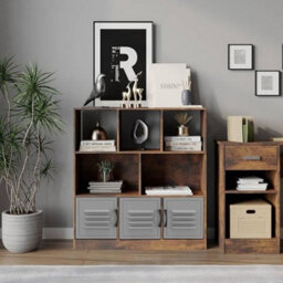 Urbn-Living Urbnliving Asymmetrical 8 Cube Rustic Brown Bookcase Freestanding Storage Unit With 3 Metal Doors - Grey - thumbnail 4