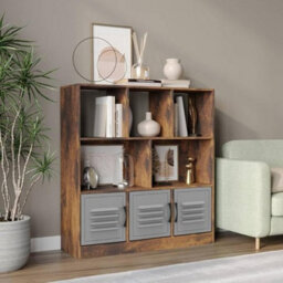 Urbn-Living Urbnliving Asymmetrical 8 Cube Rustic Brown Bookcase Freestanding Storage Unit With 3 Metal Doors - Grey - thumbnail 2