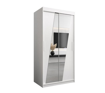 Arte Rhomb Contemporary Mirrored 2 Sliding Door Wardrobe 5 Shelves 2 Rails White Matt (H)2000mm (W)1000mm (D)620mm - image 1
