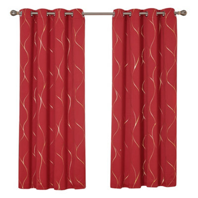 Deconovo Christmas Decorations Blackout Curtains, Thermal Insulated Gold Wave Foil Printed Curtains, W52 X L72 Inch, Red, 1 Pair - image 1