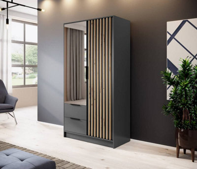 Arte Nelly Contemporary Mirrored Hinged 2 Door Wardrobe Graphite 2 Drawers 4 Shelves 1 Rail Lamela Decor (H)2000mm (W)1050mm (D)510mm - image 1