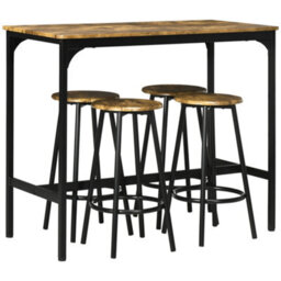 Wyld Haus Lava Soka 5-Piece Industrial Bar Table And Stool Set, Rustic Brown Mdf Tops With Black Metal Frames