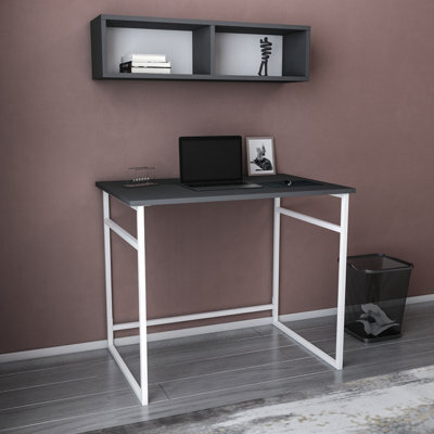 Decorotika Hussum Writing Desk Laptop Desk Floating Shelf Included White Anthracite - image 1
