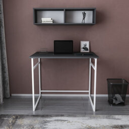 Decorotika Hussum Writing Desk Laptop Desk Floating Shelf Included White Anthracite - thumbnail 2