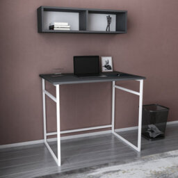 Decorotika Hussum Writing Desk Laptop Desk Floating Shelf Included White Anthracite - thumbnail 1