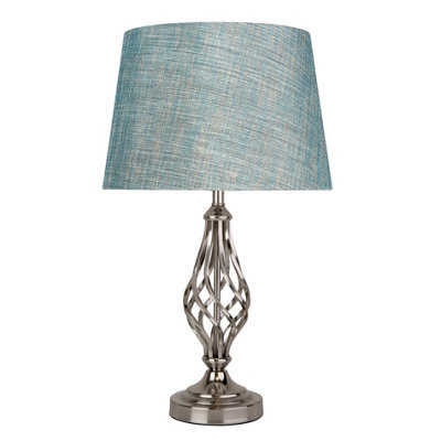 Lighting Supermarket Queenswood Traditional Barley Twist Table Lamp With Blue Gold Linen Shade - Silver Chrome - image 1