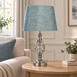 Lighting Supermarket Queenswood Traditional Barley Twist Table Lamp With Blue Gold Linen Shade - Silver Chrome - thumbnail 3