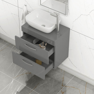 Royal Bathrooms 600mm Wall Hung Vanity Unit 2 Drawer Indigo Grey Gloss & Elva Countertop Basin - image 1