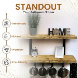 MKGT 70Cm Double Rustic Wooden Shelves Wall-Mounted Shelf With Seated Black L Brackets (Dark Oak) - thumbnail 5