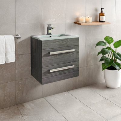Plum&clay Novela Dark Wood Wall Hung Vanity Unit With Crystal Basin (W)515mm - image 1