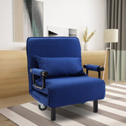 Living And Home Dark Blue Folding Movable Adjustable Linen Single Sofa Bed With 2 Wheels