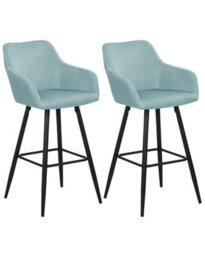 Wyld And Coco Set Of 2 Light Blue Velvet Bar Stools With Arms And Backrest, Black Powder-Coated Steel Legs, Built-In Footrest - thumbnail 3