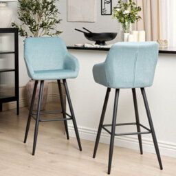 Wyld And Coco Set Of 2 Light Blue Velvet Bar Stools With Arms And Backrest, Black Powder-Coated Steel Legs, Built-In Footrest - thumbnail 2