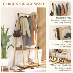 Homcom Bamboo Clothes Rail Rack With 2 Storage Shelves, Natural Wood Effect - thumbnail 4