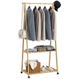 Homcom Bamboo Clothes Rail Rack With 2 Storage Shelves, Natural Wood Effect - thumbnail 2