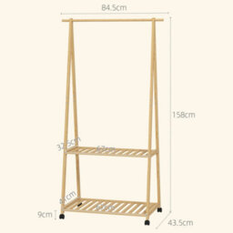 Homcom Bamboo Clothes Rail Rack With 2 Storage Shelves, Natural Wood Effect - thumbnail 3