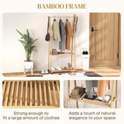 Homcom Bamboo Clothes Rail Rack With 2 Storage Shelves, Natural Wood Effect - thumbnail 6