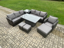 Fimous Pe Rattan Outdoor Garden Furniture Sets Height Adjustable Rising Lifting Dining Table Sofa Set With Side Table - thumbnail 1