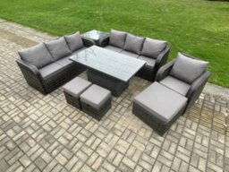 Fimous Pe Rattan Outdoor Garden Furniture Sets Height Adjustable Rising Lifting Dining Table Sofa Set With Side Table - thumbnail 2