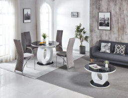 Modernique Giulia Round Black 100 Cm Tempered Glass Top White Dining Table With 4 Pink Velvet Dining Chairs