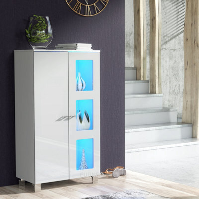 Furneo White Sideboard Cabinet Modern High Gloss &matt Cupboard Blue Led Lights Mia 02 - image 1