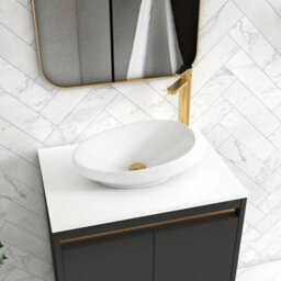 Royal Bathrooms Orion 600mm Matt Obsidian Black Wall Hung Plain White Countertop Vanity Unit 2 Drawer With Nova Basin & Brushed Brass Accent Trim - thumbnail 5
