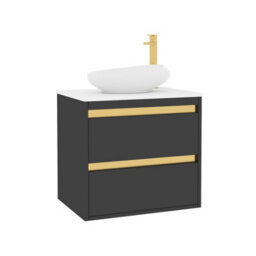Royal Bathrooms Orion 600mm Matt Obsidian Black Wall Hung Plain White Countertop Vanity Unit 2 Drawer With Nova Basin & Brushed Brass Accent Trim - thumbnail 6