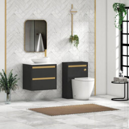 Royal Bathrooms Orion 600mm Matt Obsidian Black Wall Hung Plain White Countertop Vanity Unit 2 Drawer With Nova Basin & Brushed Brass Accent Trim - thumbnail 3