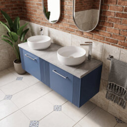Balterley Belvide Partial Fluted 2 Drawer Wall Hung Vanity Unit With Bellato Grey Laminate Worktop - 1200mm - Satin Blue - thumbnail 3